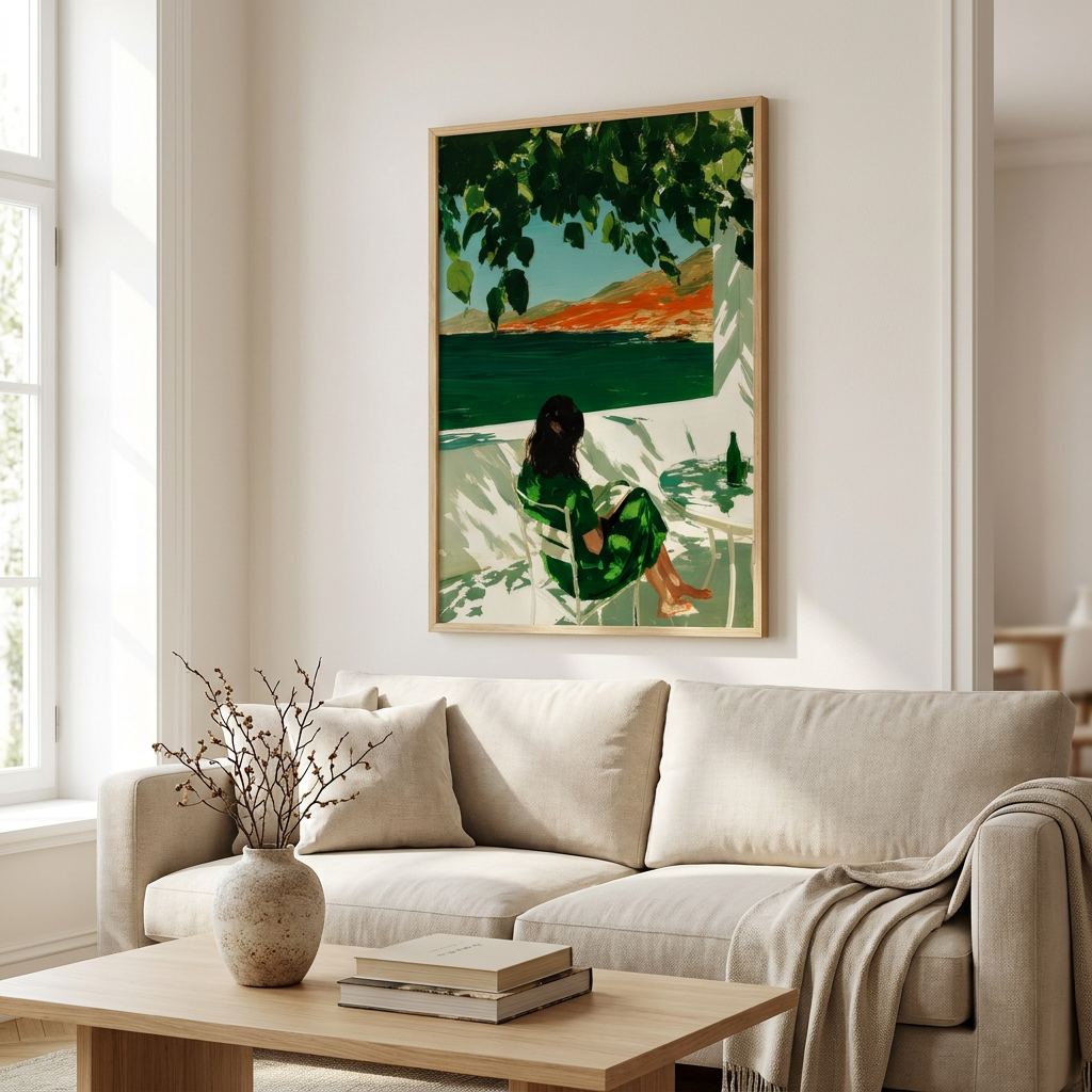 Woman Reading Lake Colorful Summer Illustration Poster framed in an interior