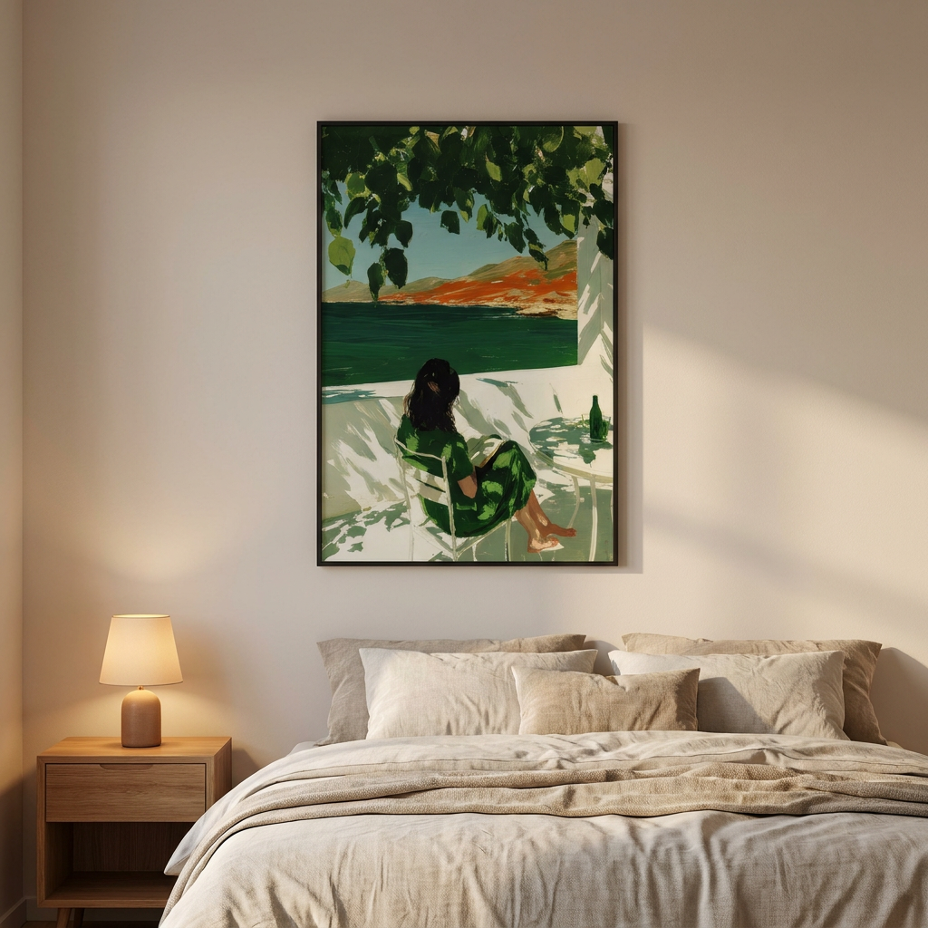 Woman Reading Lake Colorful Summer Illustration Poster framed in an interior