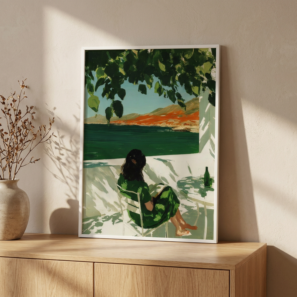 Woman Reading Lake Colorful Summer Illustration Poster framed in an interior