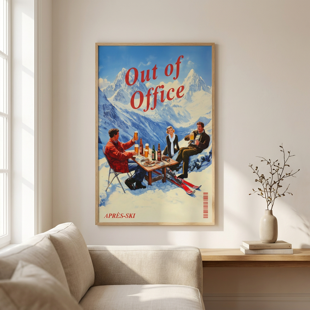 Retro Vintage Apres Ski Mountain Poster framed in an interior