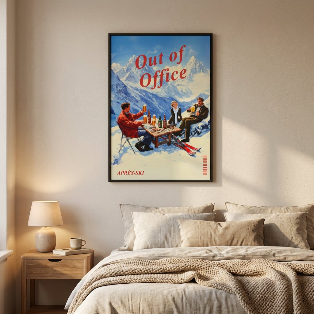 Retro Vintage Apres Ski Mountain Poster framed in an interior