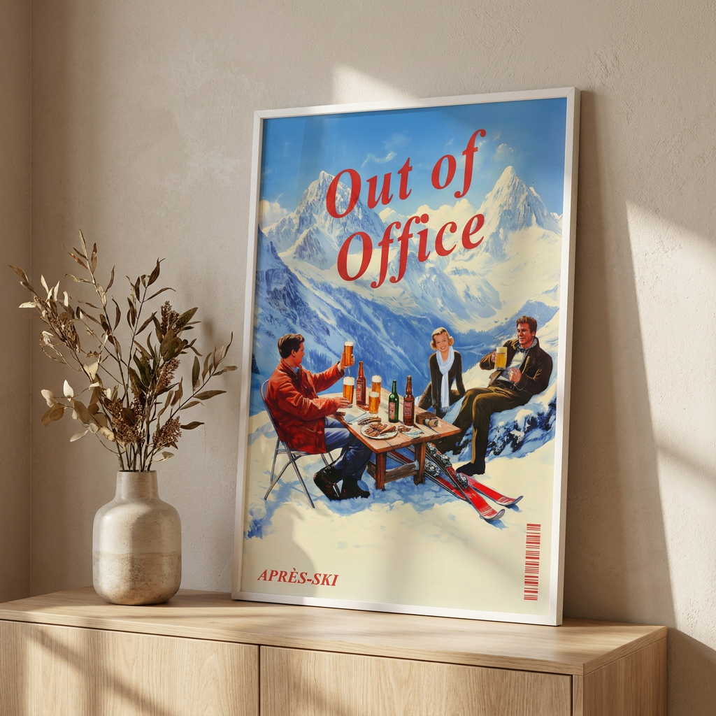 Retro Vintage Apres Ski Mountain Poster framed in an interior