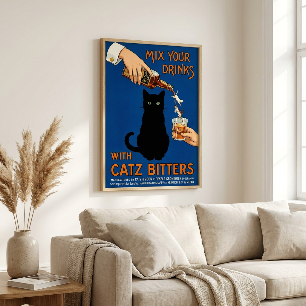 Vintage 1940s Ad Mix Your Gin Poster framed in an interior