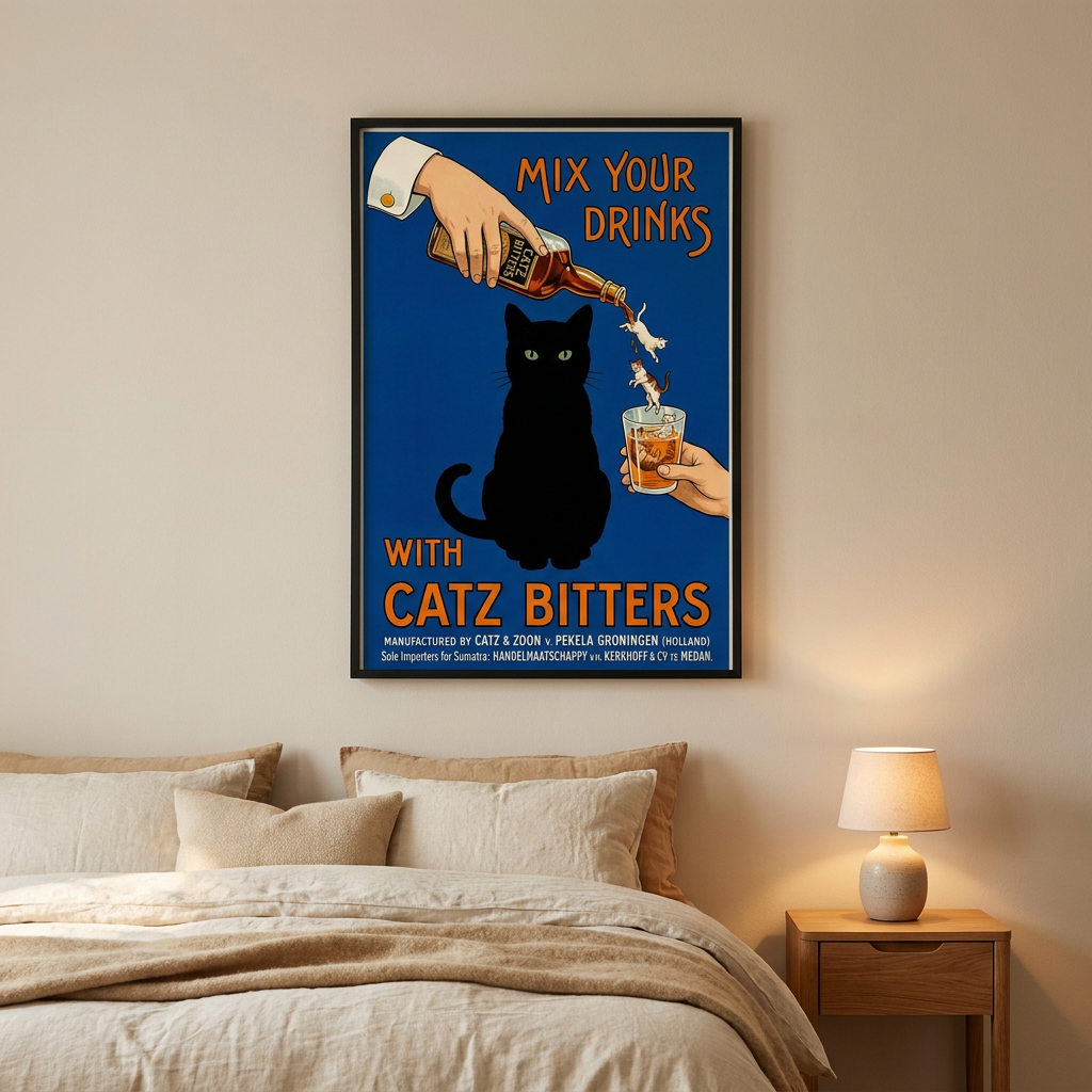 Vintage 1940s Ad Mix Your Gin Poster framed in an interior