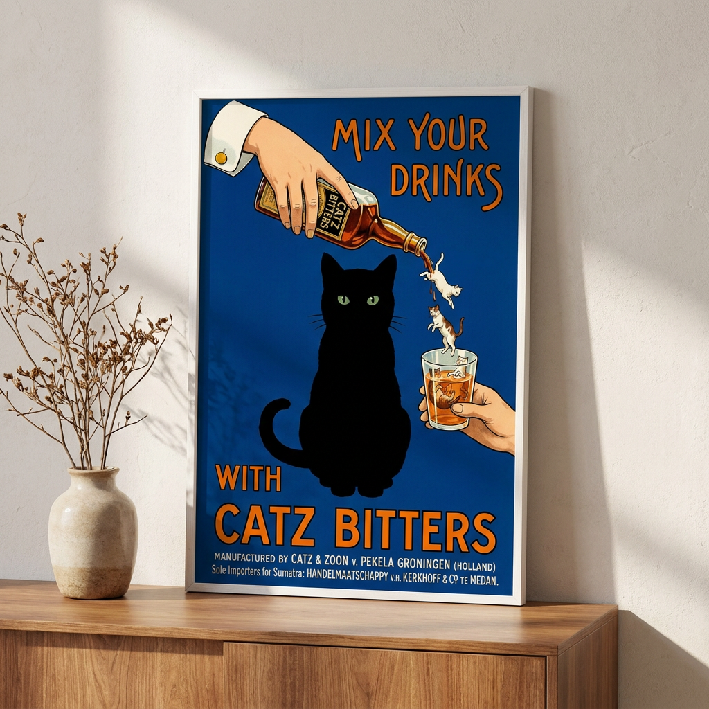Vintage 1940s Ad Mix Your Gin Poster framed in an interior