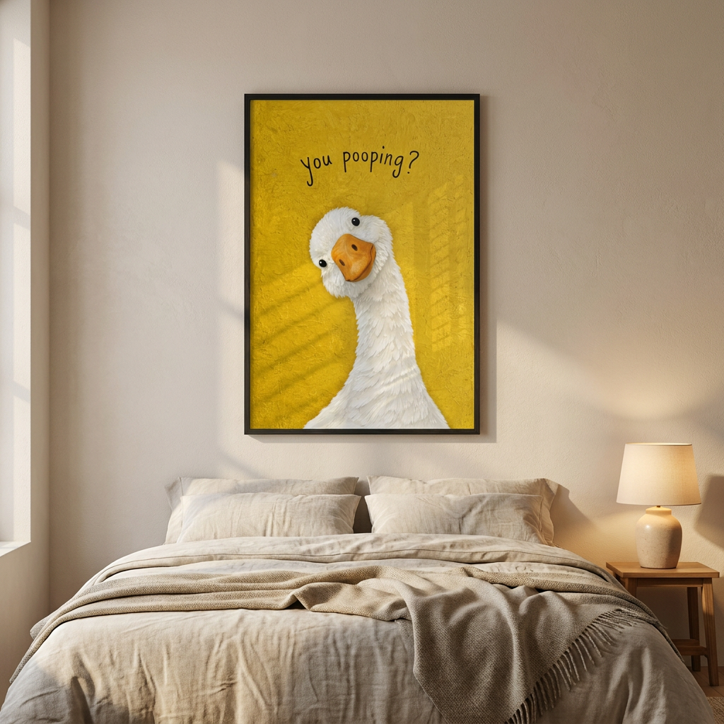 Funny You Poopin Goose Bathroom Sign Poster framed in an interior