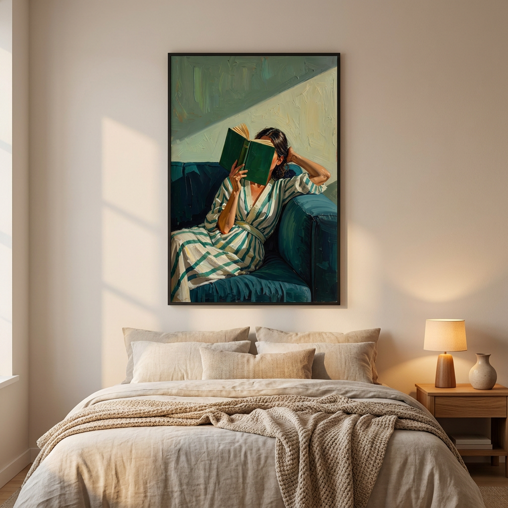 Emerald Green Reading Woman Poster shown cleanly on a wall