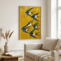Swallow Birds Japanese Yellow Blue Poster shown cleanly on a wall