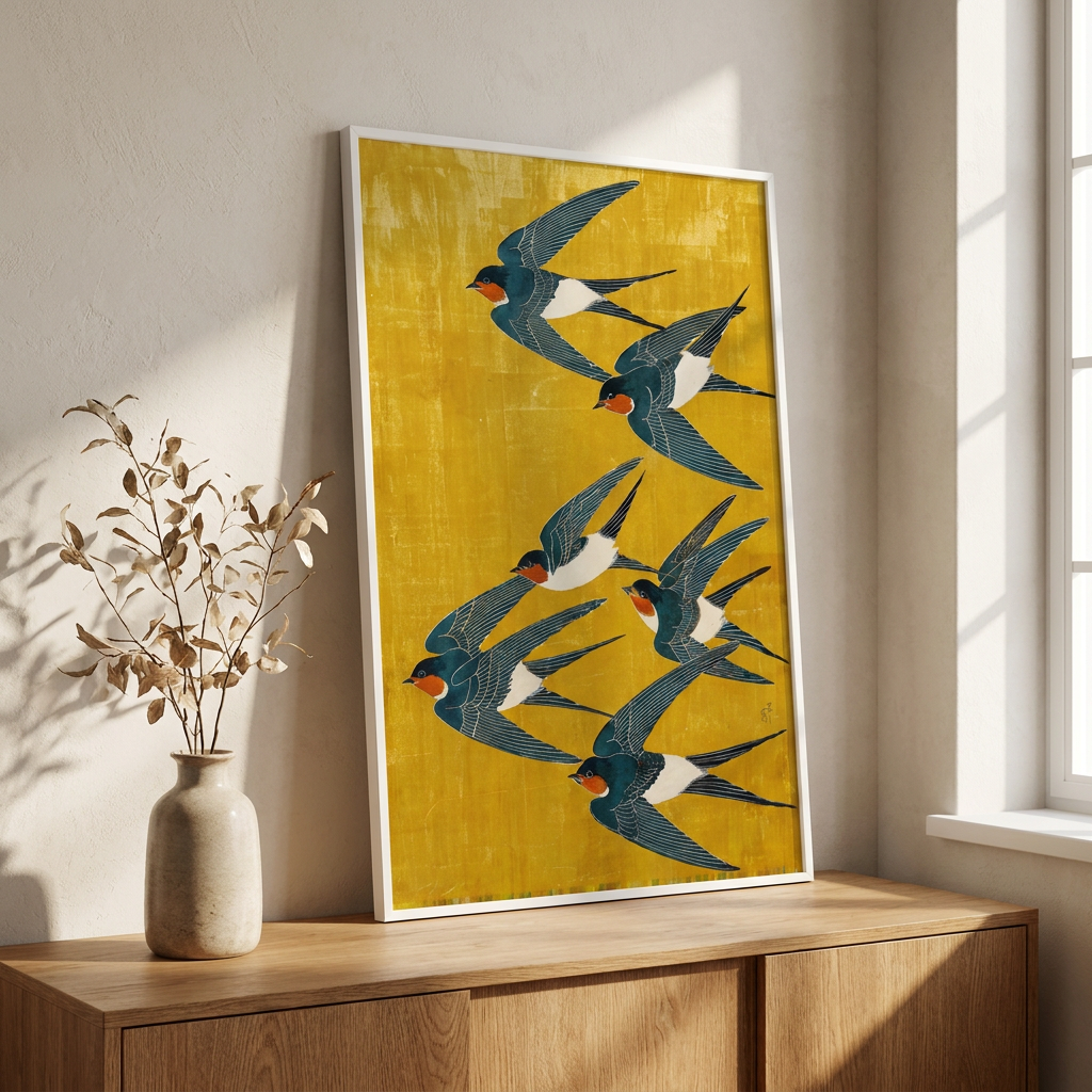 Swallow Birds Japanese Yellow Blue Poster framed in an interior