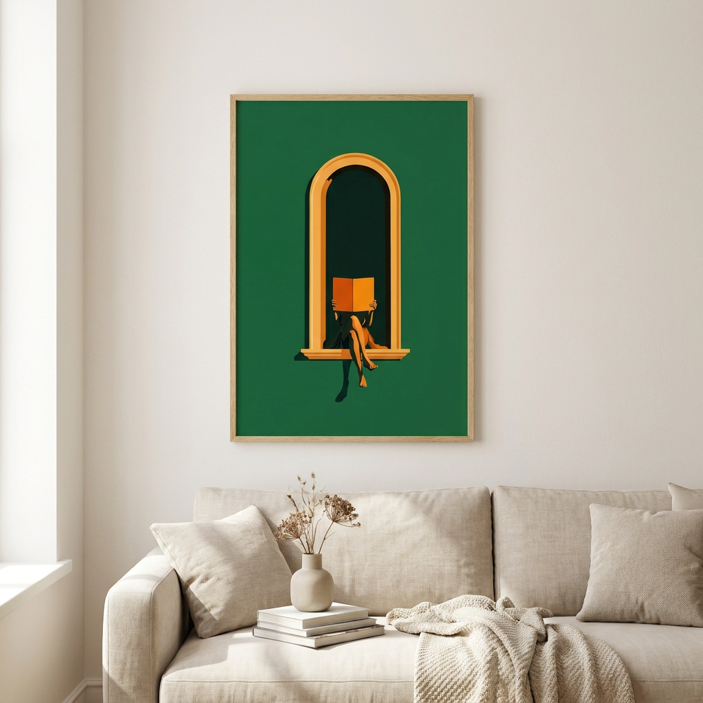 Emerald Green Woman Reading Print-green Library Poster framed in an interior