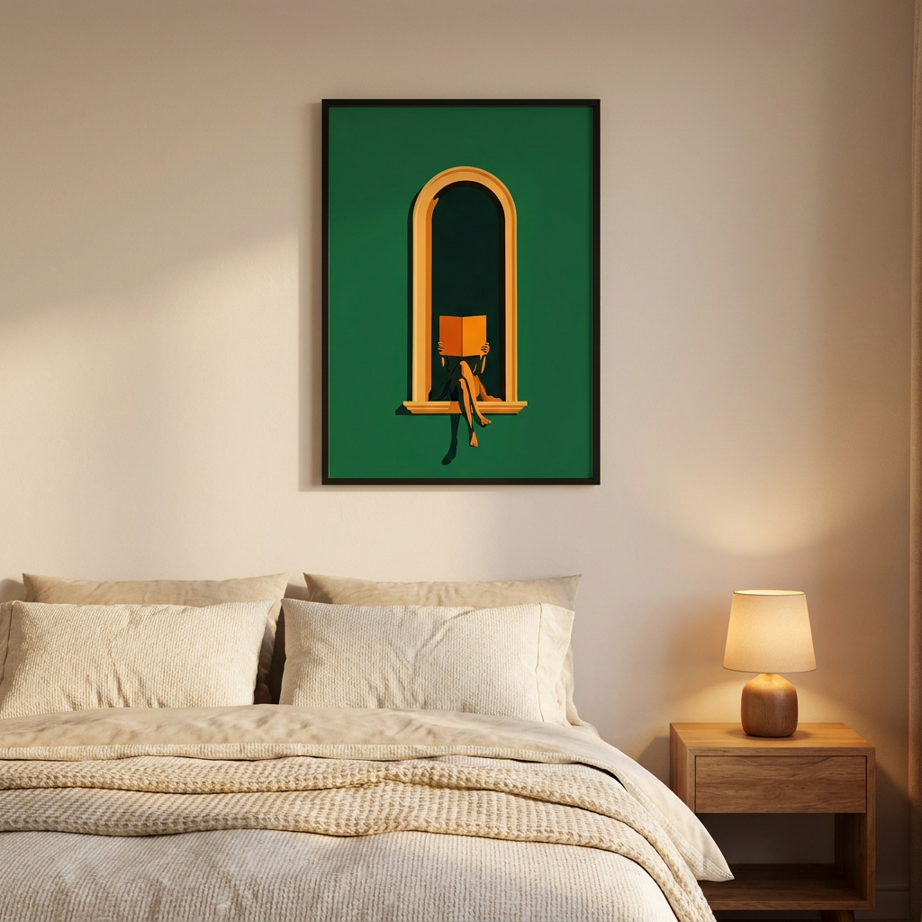 Emerald Green Woman Reading Print-green Library Poster framed in an interior