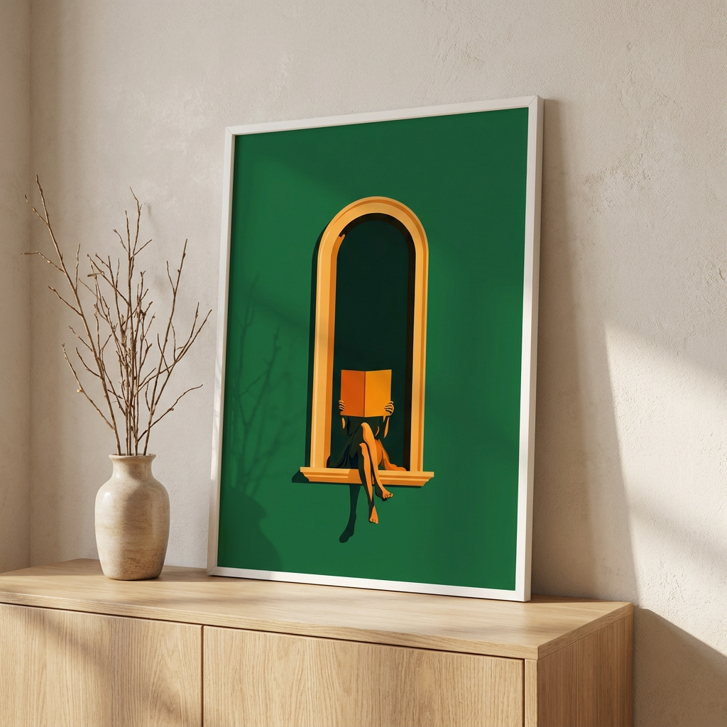 Emerald Green Woman Reading Print-green Library Poster framed in an interior