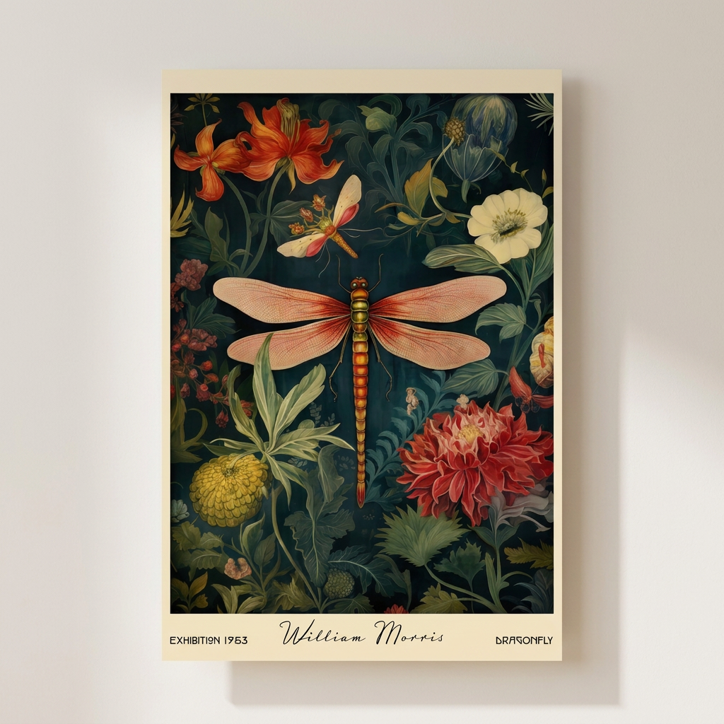 William Morris Dragonfly Garden Flowers Poster shown cleanly on a wall