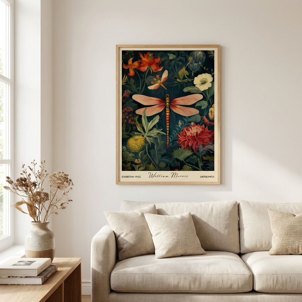 William Morris Dragonfly Garden Flowers Poster framed in an interior