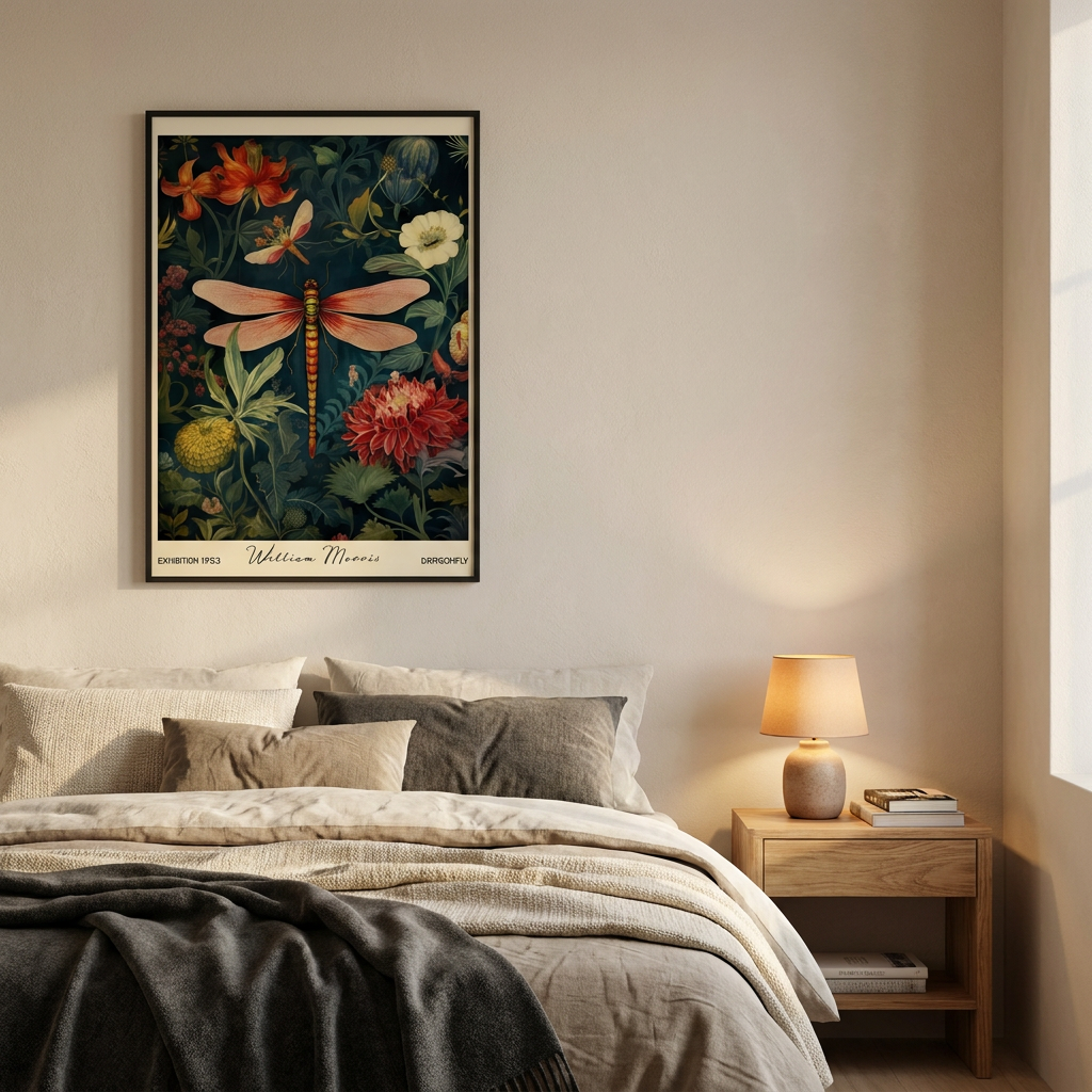 William Morris Dragonfly Garden Flowers Poster framed in an interior