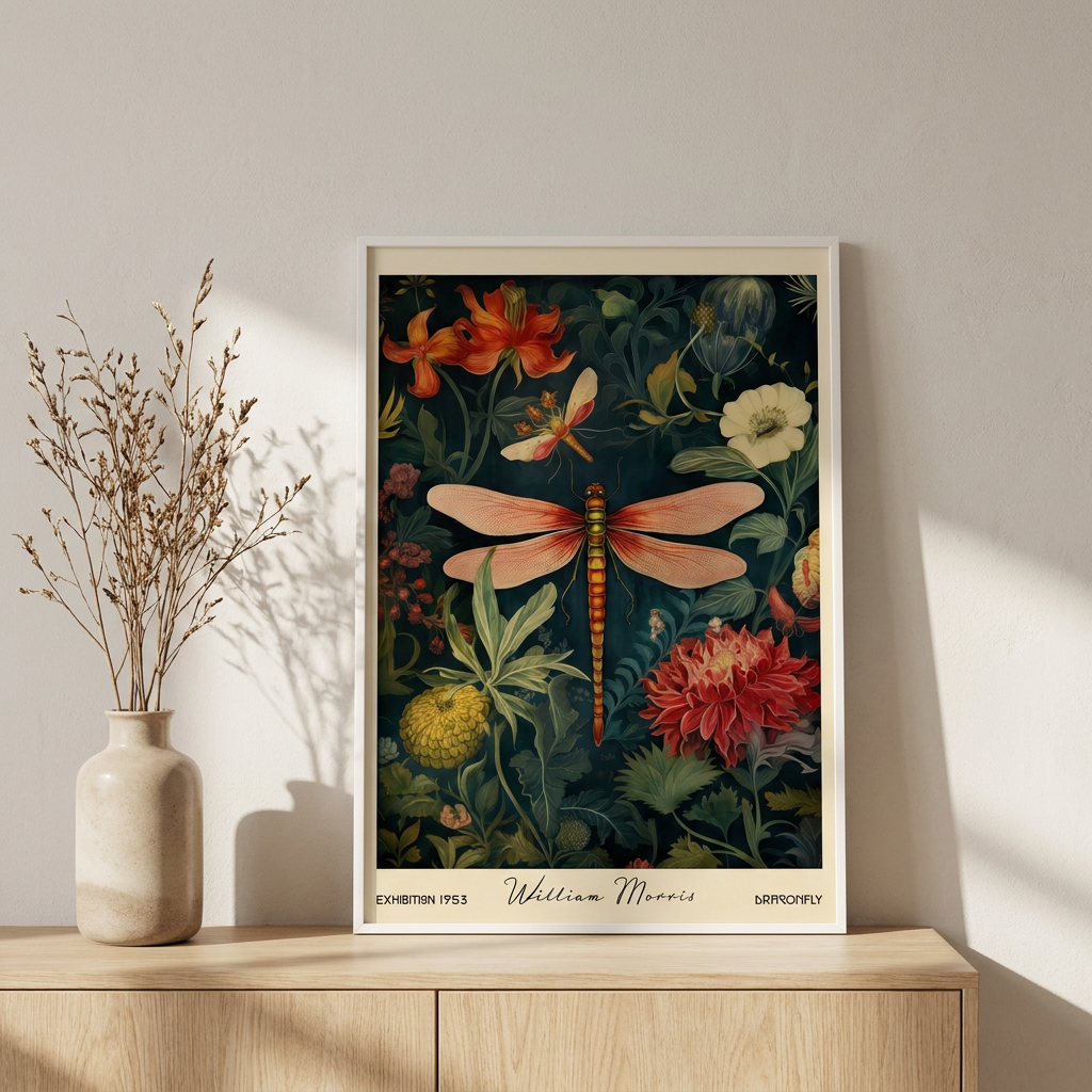 William Morris Dragonfly Garden Flowers Poster framed in an interior