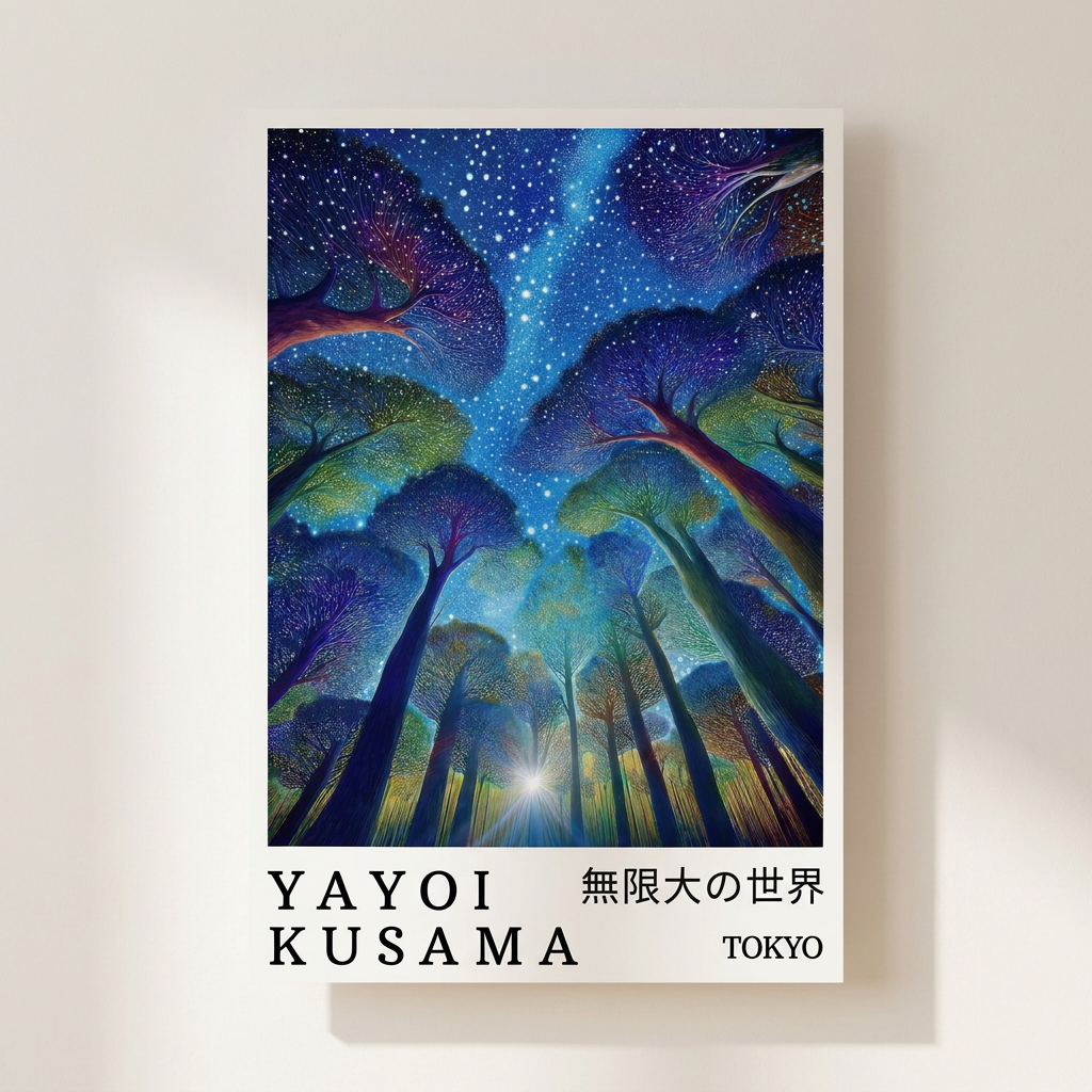 Yayoi Kusama Starry Night Forest Magical Poster shown cleanly on a wall