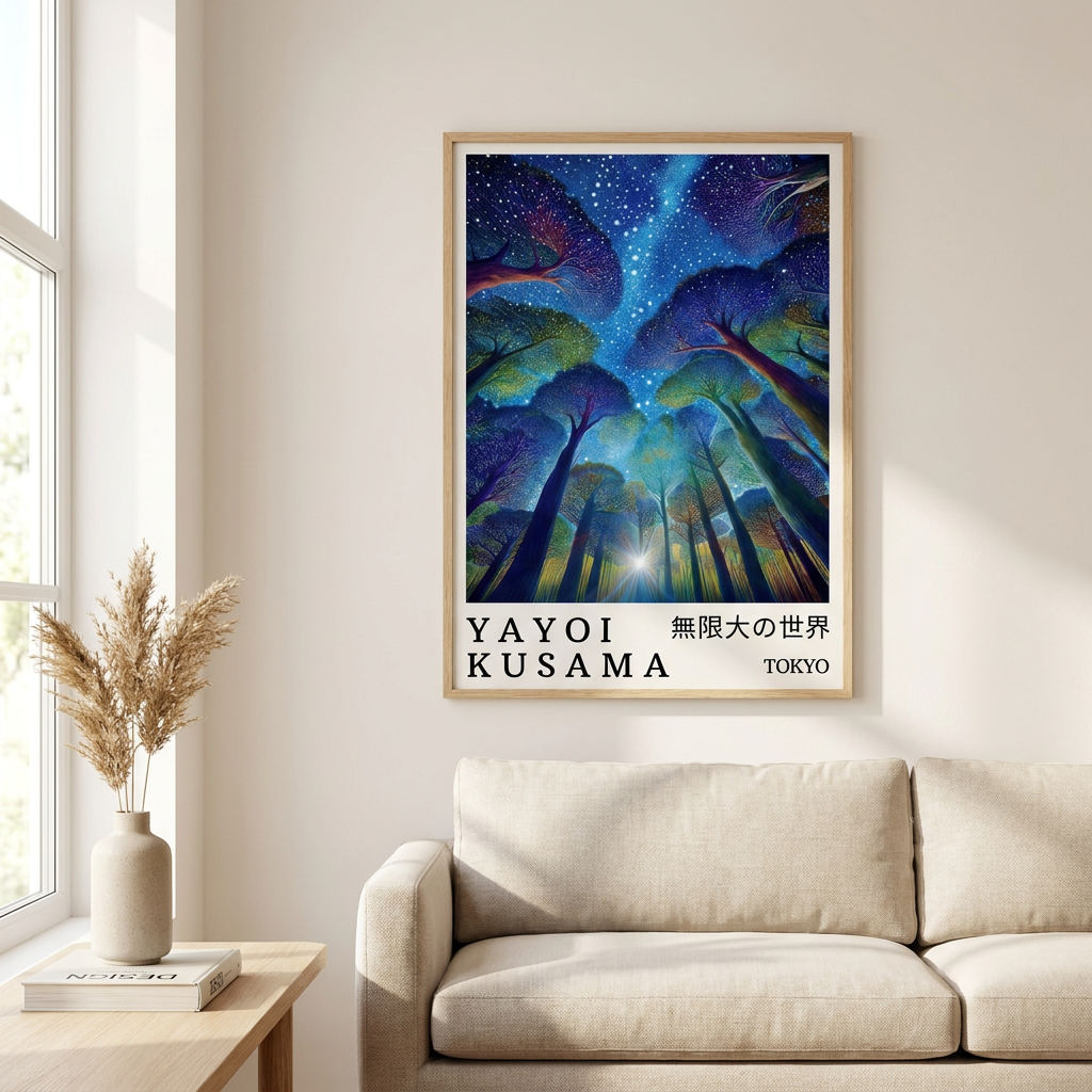 Yayoi Kusama Starry Night Forest Magical Poster framed in an interior
