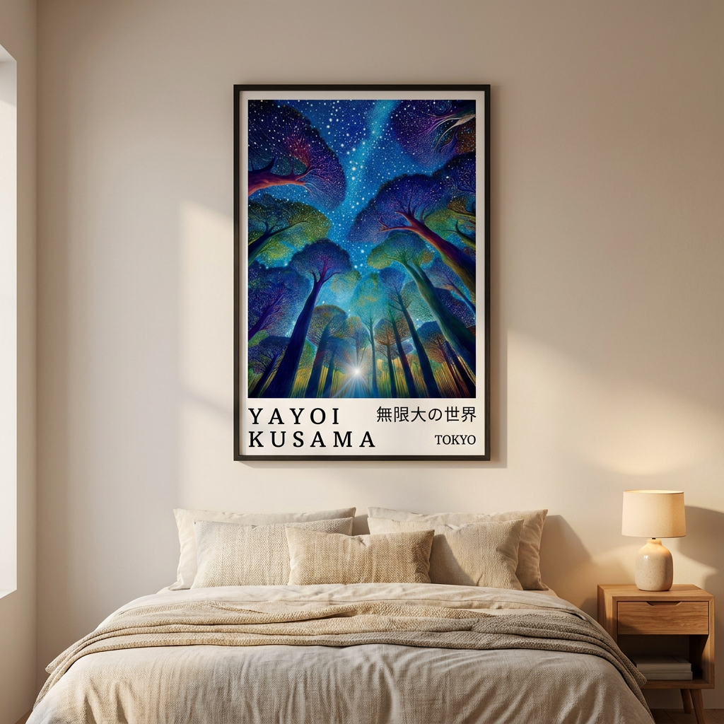 Yayoi Kusama Starry Night Forest Magical Poster framed in an interior