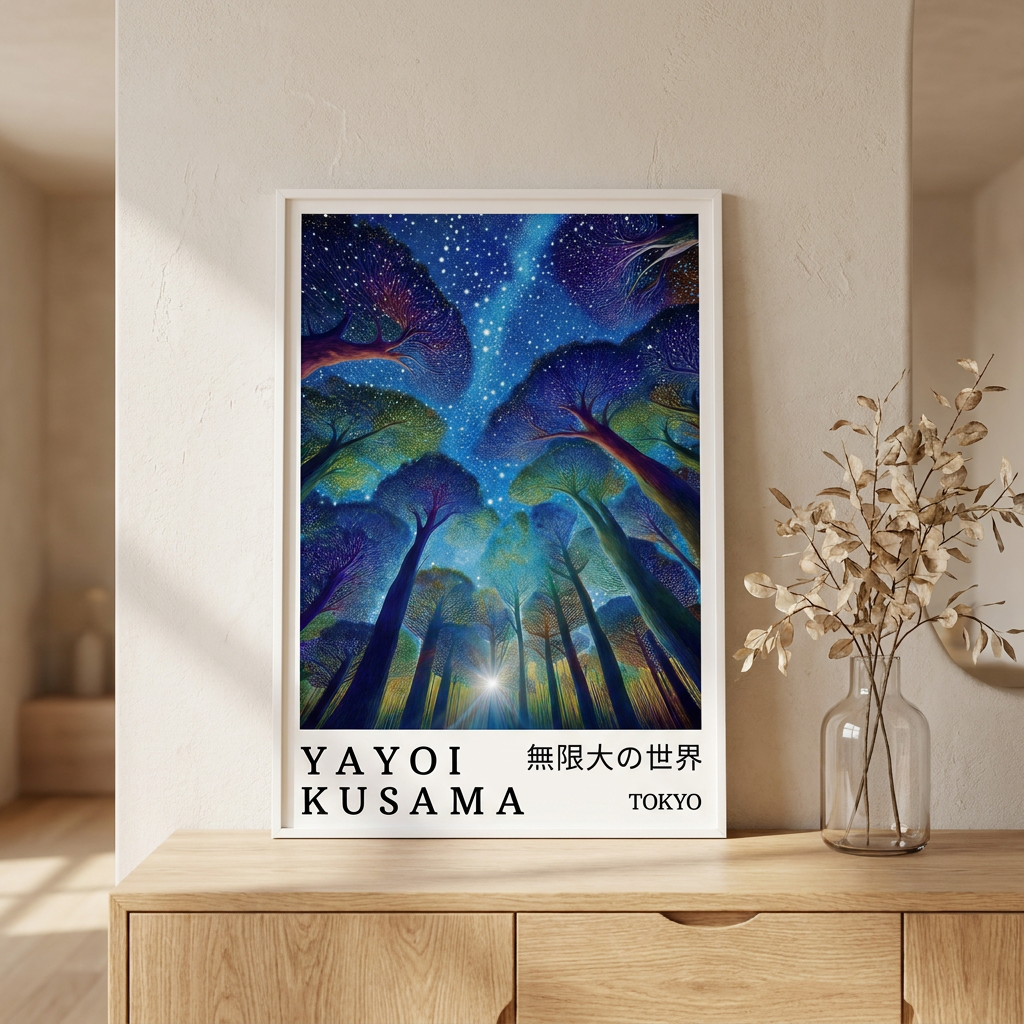 Yayoi Kusama Starry Night Forest Magical Poster framed in an interior