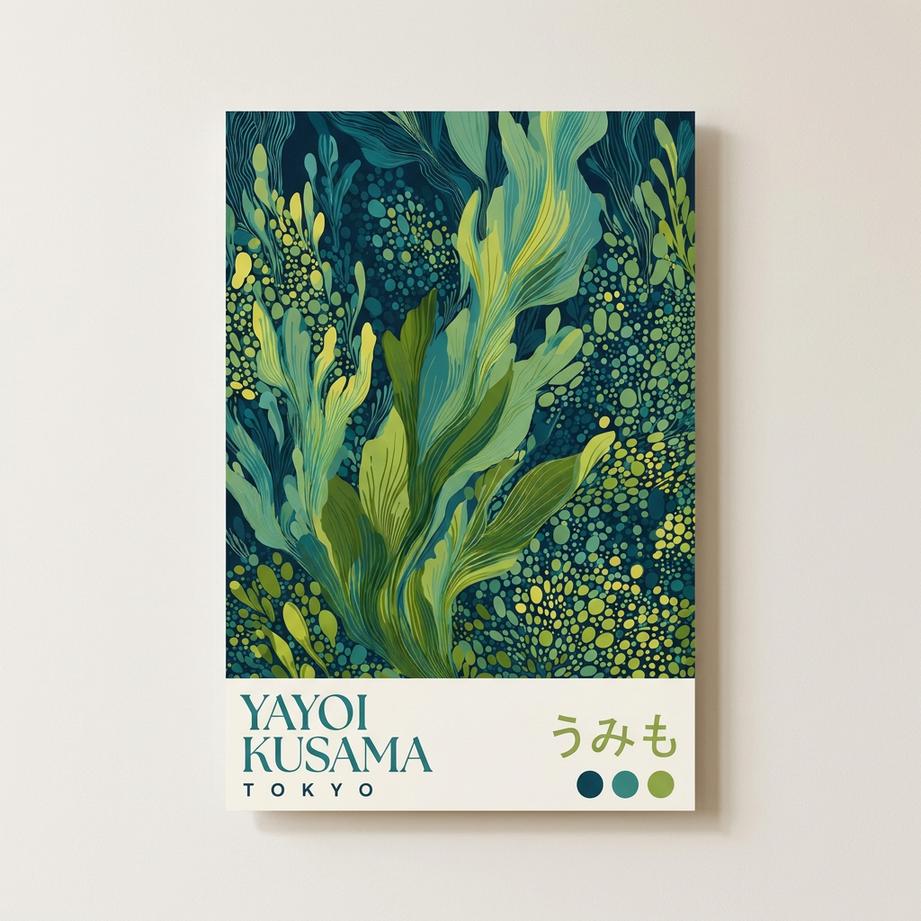 Yayoi Kusama Seaweed Blue Green Ocean Poster shown cleanly on a wall