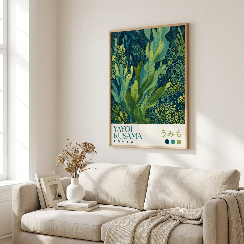 Yayoi Kusama Seaweed Blue Green Ocean Poster framed in an interior
