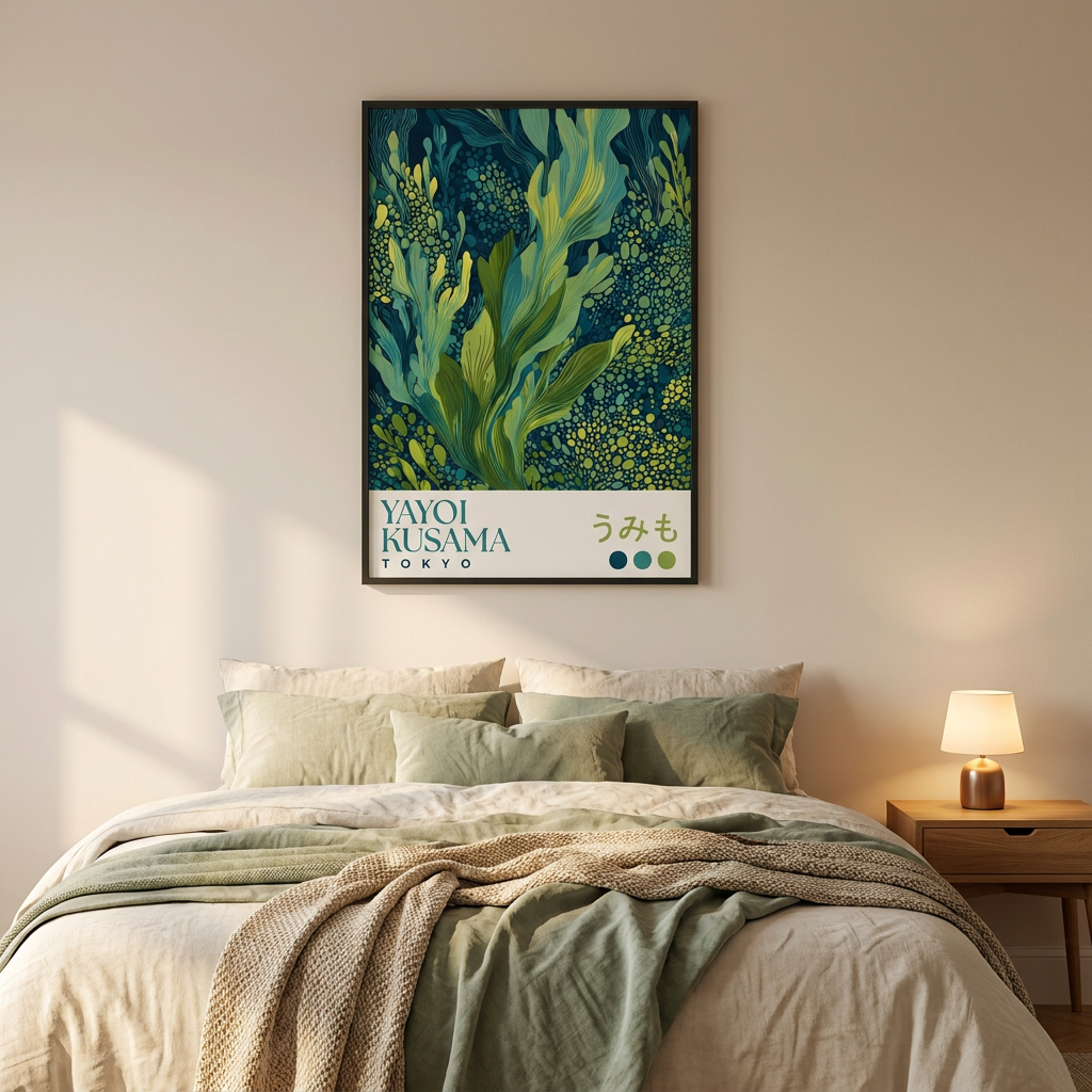 Yayoi Kusama Seaweed Blue Green Ocean Poster framed in an interior