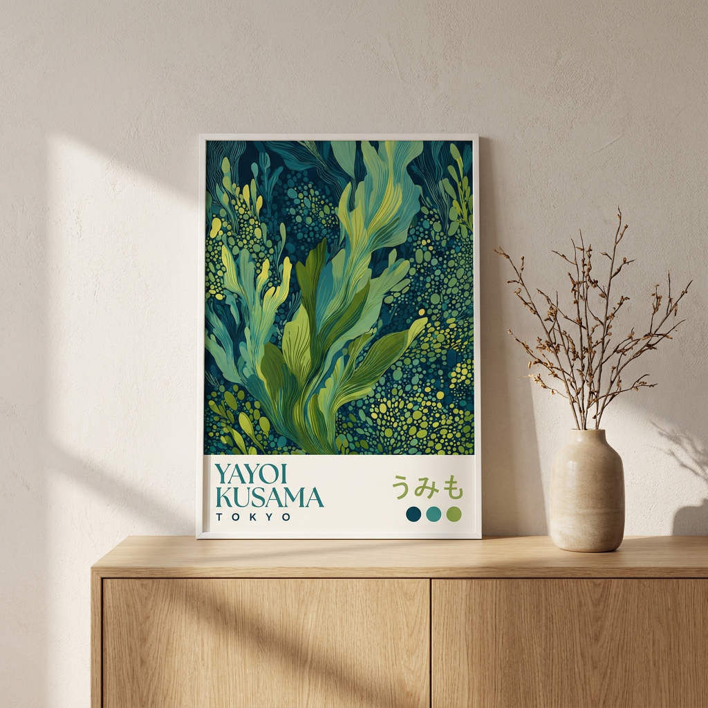 Yayoi Kusama Seaweed Blue Green Ocean Poster framed in an interior