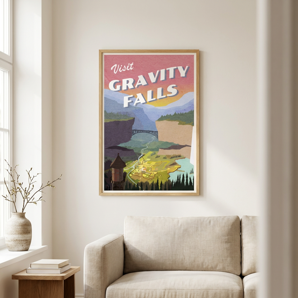 Visit Gravity Falls Postcard Poster framed in an interior