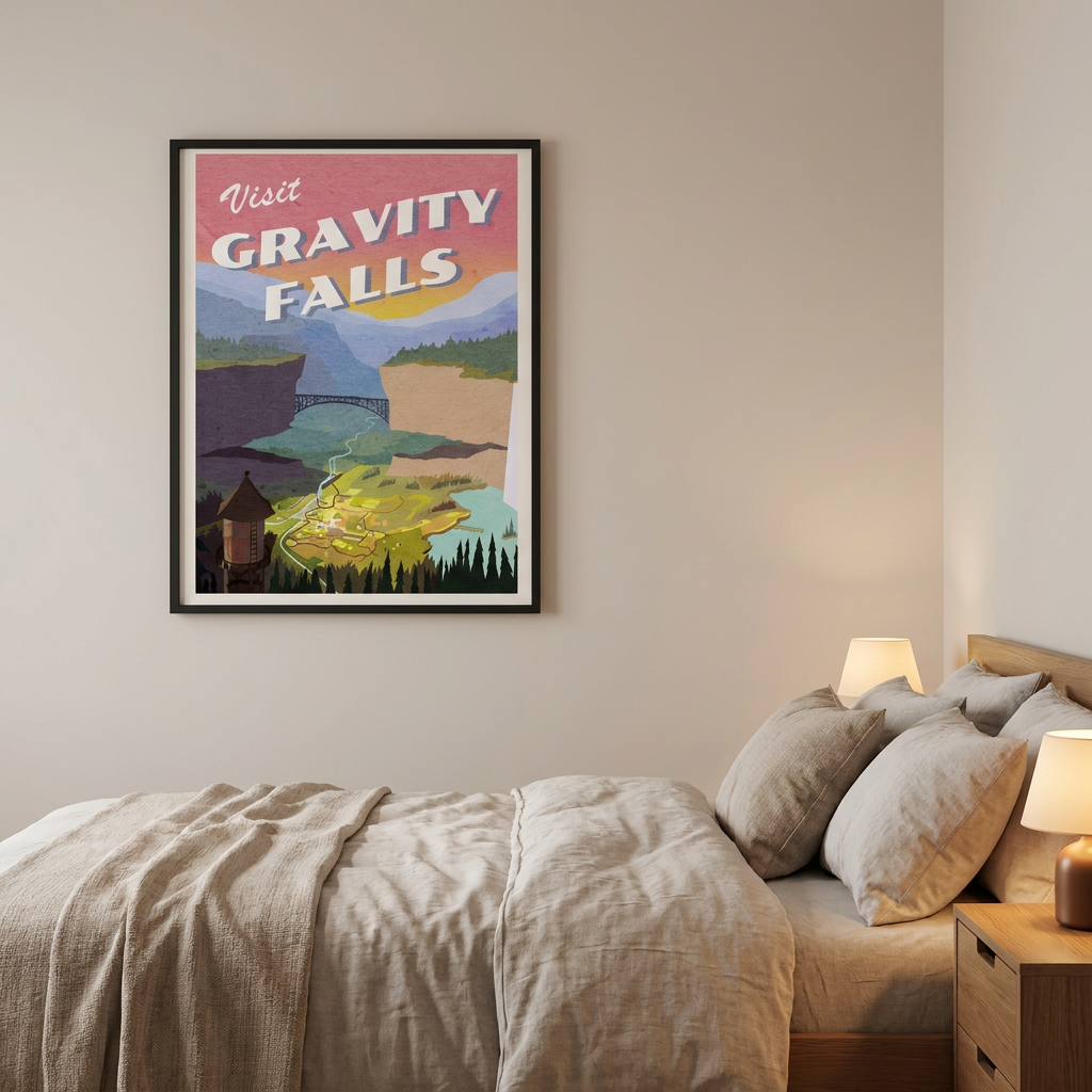 Visit Gravity Falls Postcard Poster framed in an interior