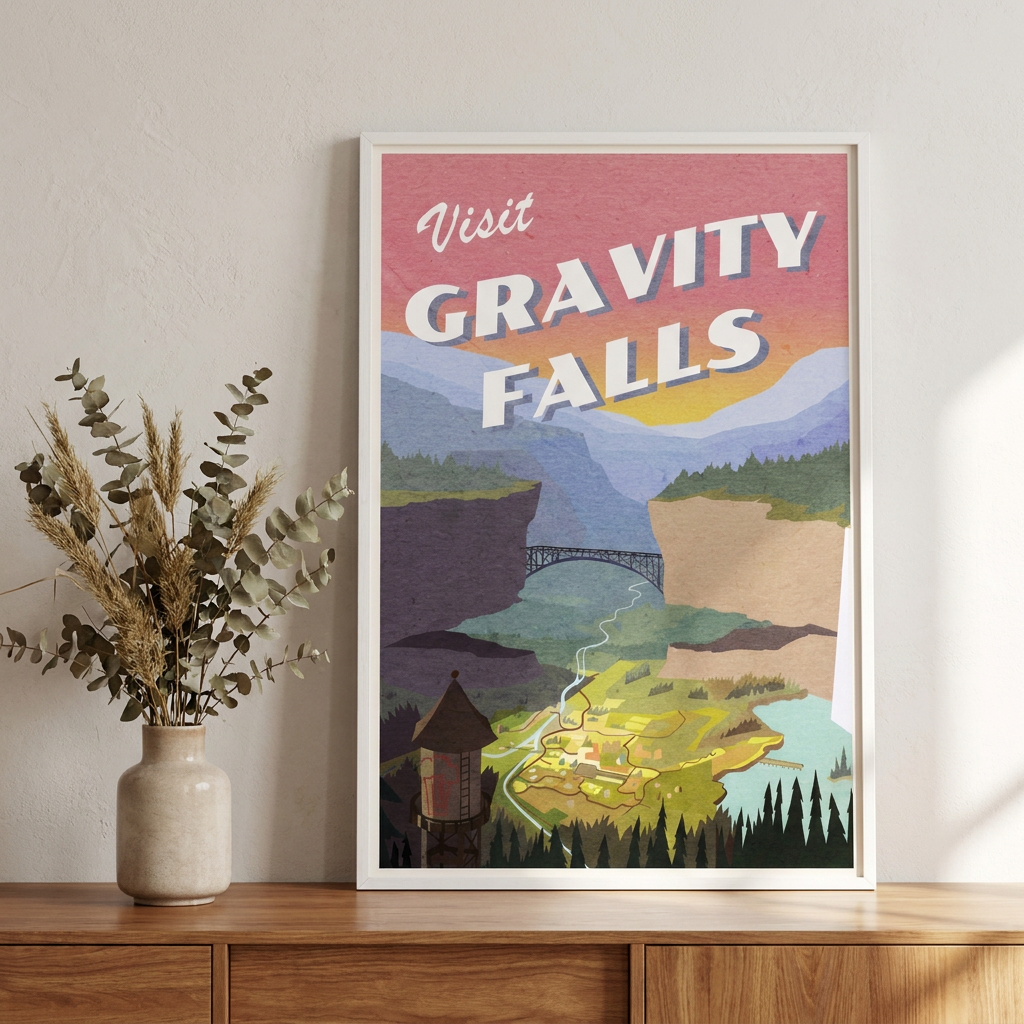 Visit Gravity Falls Postcard Poster framed in an interior