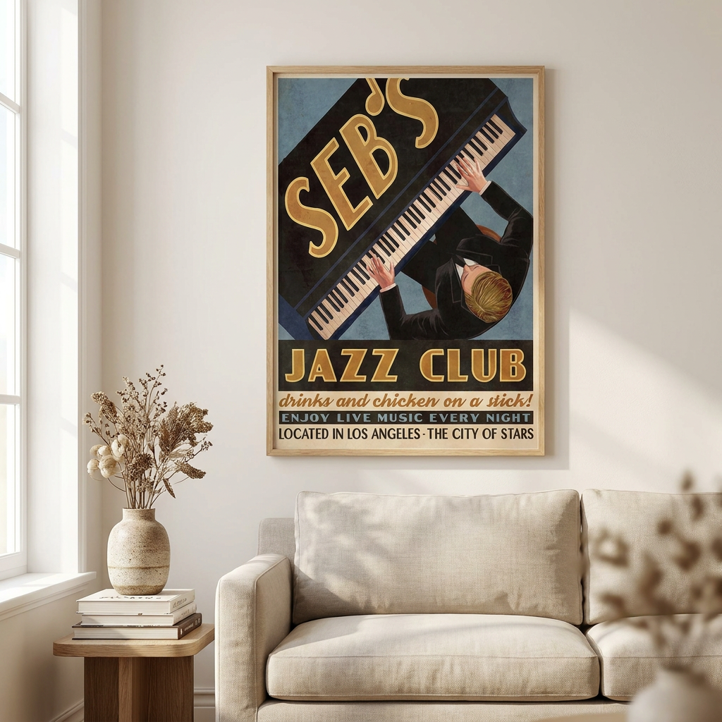 Seb Jazz Club Retro Vintage Ad Poster framed in an interior
