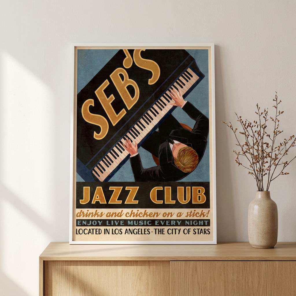 Seb Jazz Club Retro Vintage Ad Poster framed in an interior