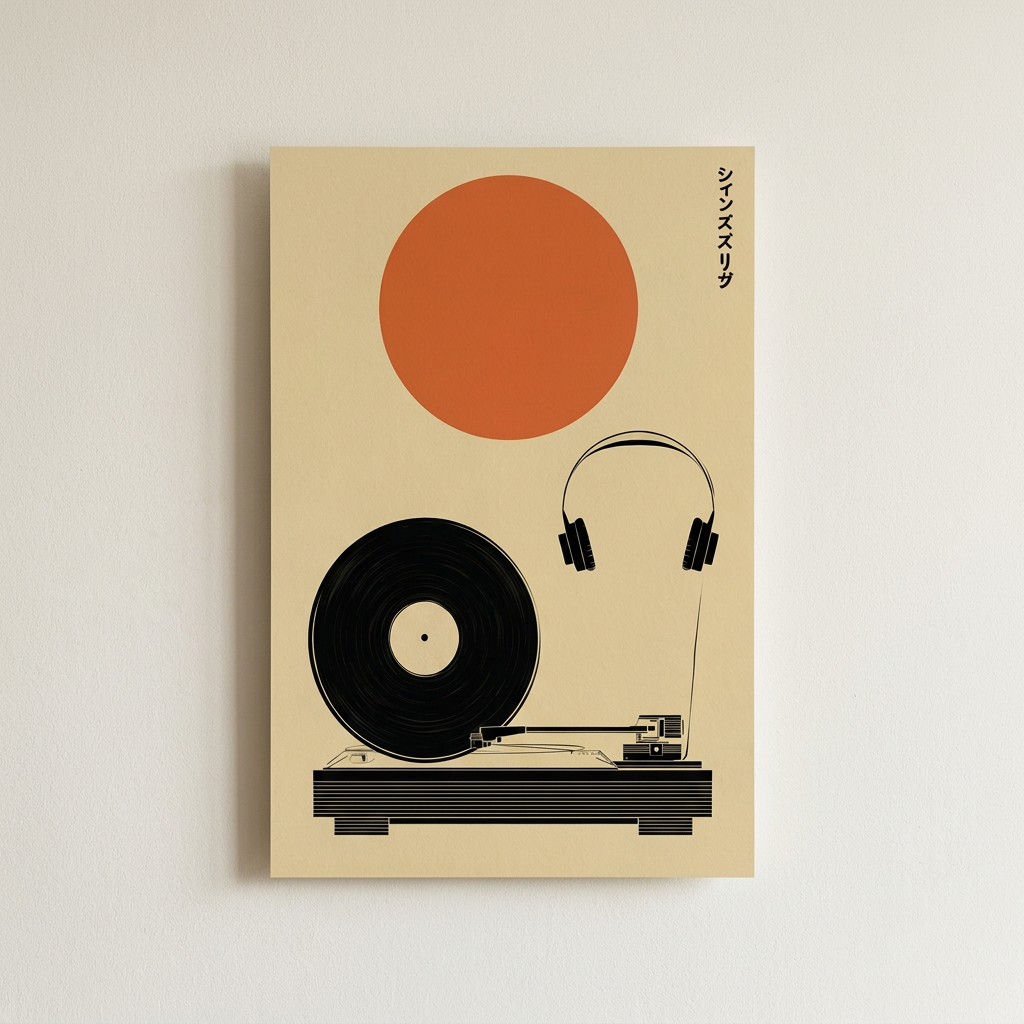 Minimalist Japanese Vinyl Retro Record Player Poster shown cleanly on a wall