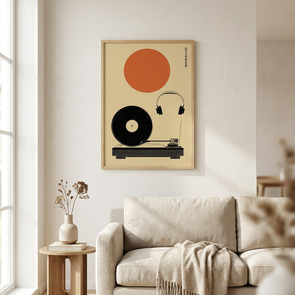 Minimalist Japanese Vinyl Retro Record Player Poster framed in an interior