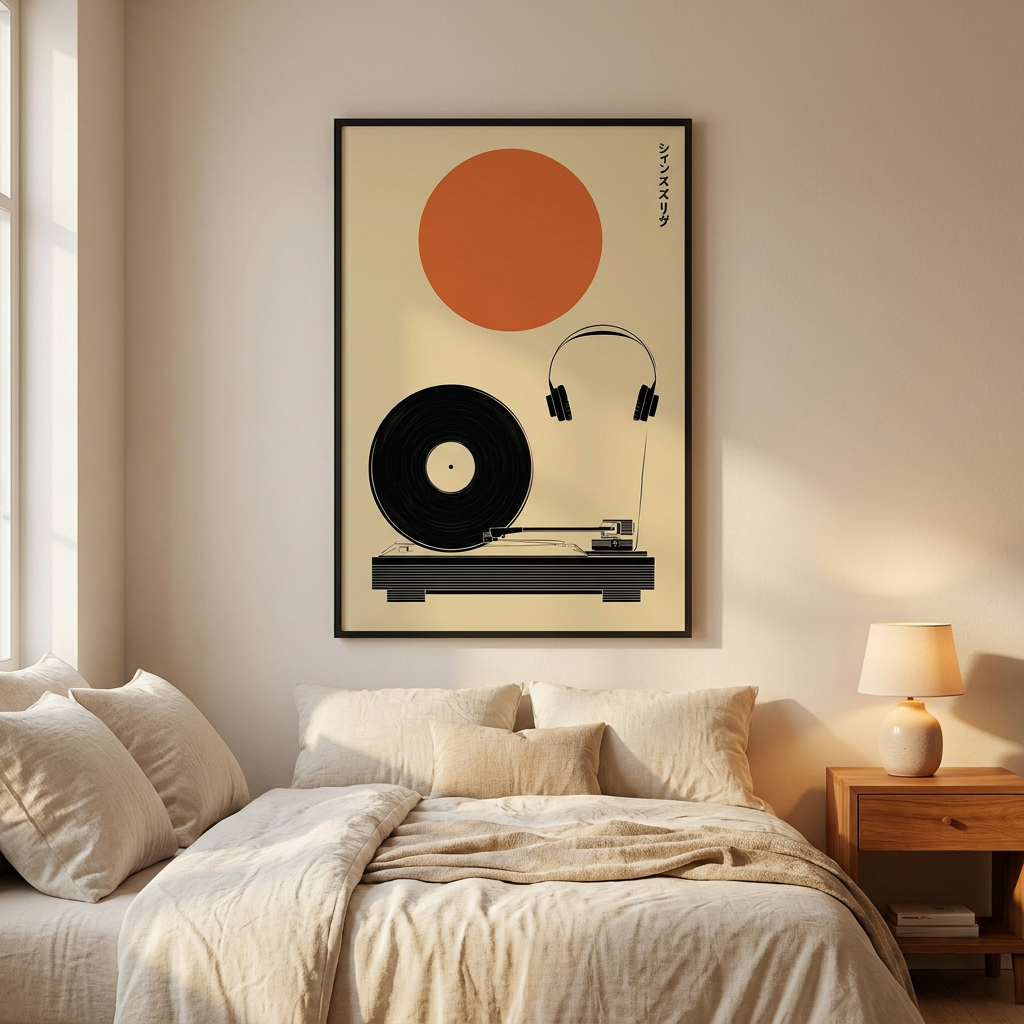 Minimalist Japanese Vinyl Retro Record Player Poster framed in an interior