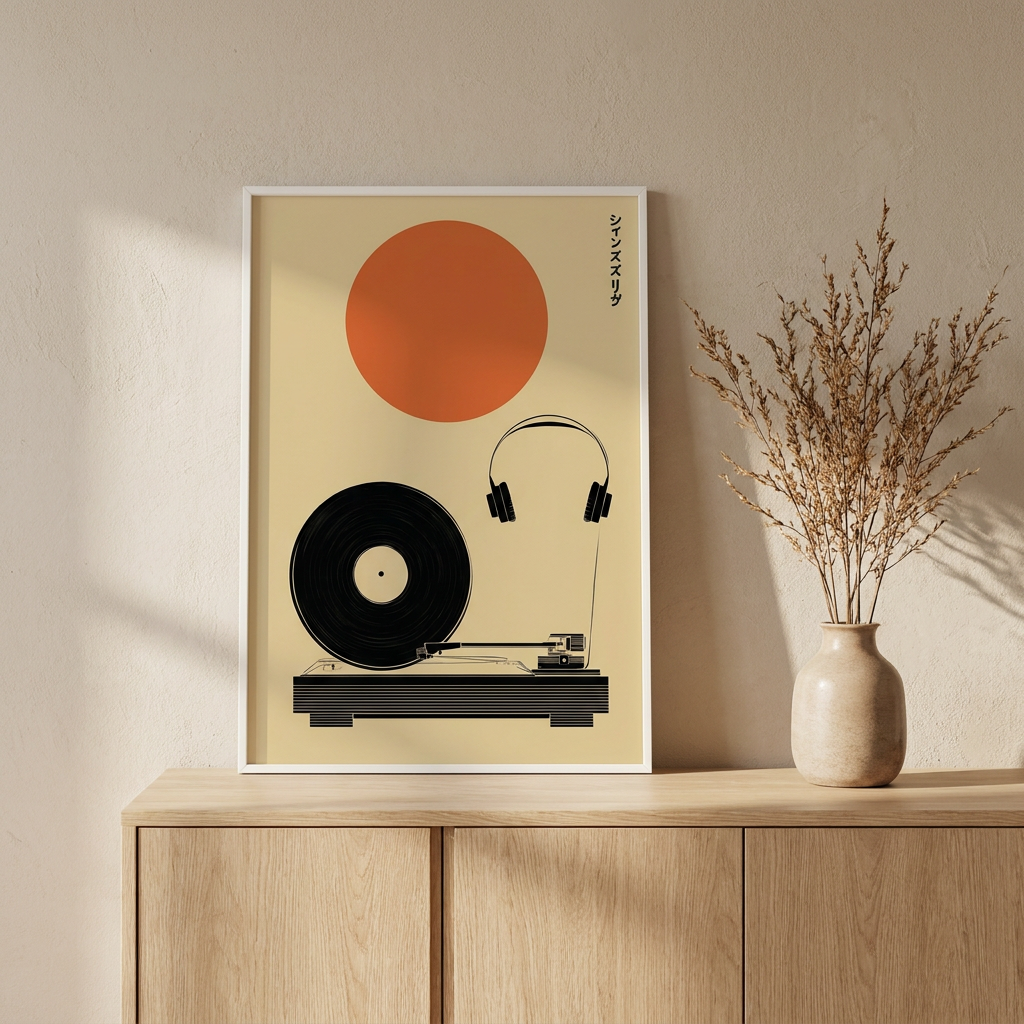 Minimalist Japanese Vinyl Retro Record Player Poster framed in an interior