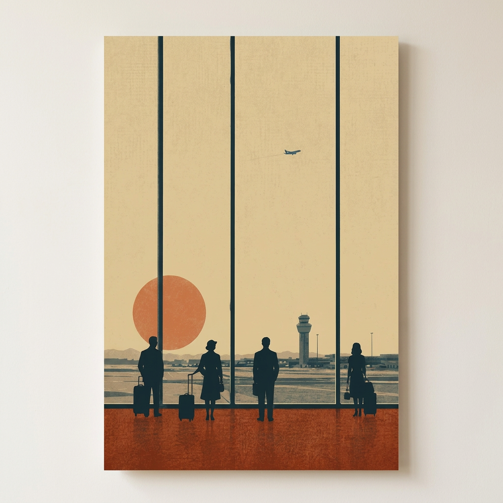 Mid Century Airport Retro Aviation Travellers Poster shown cleanly on a wall