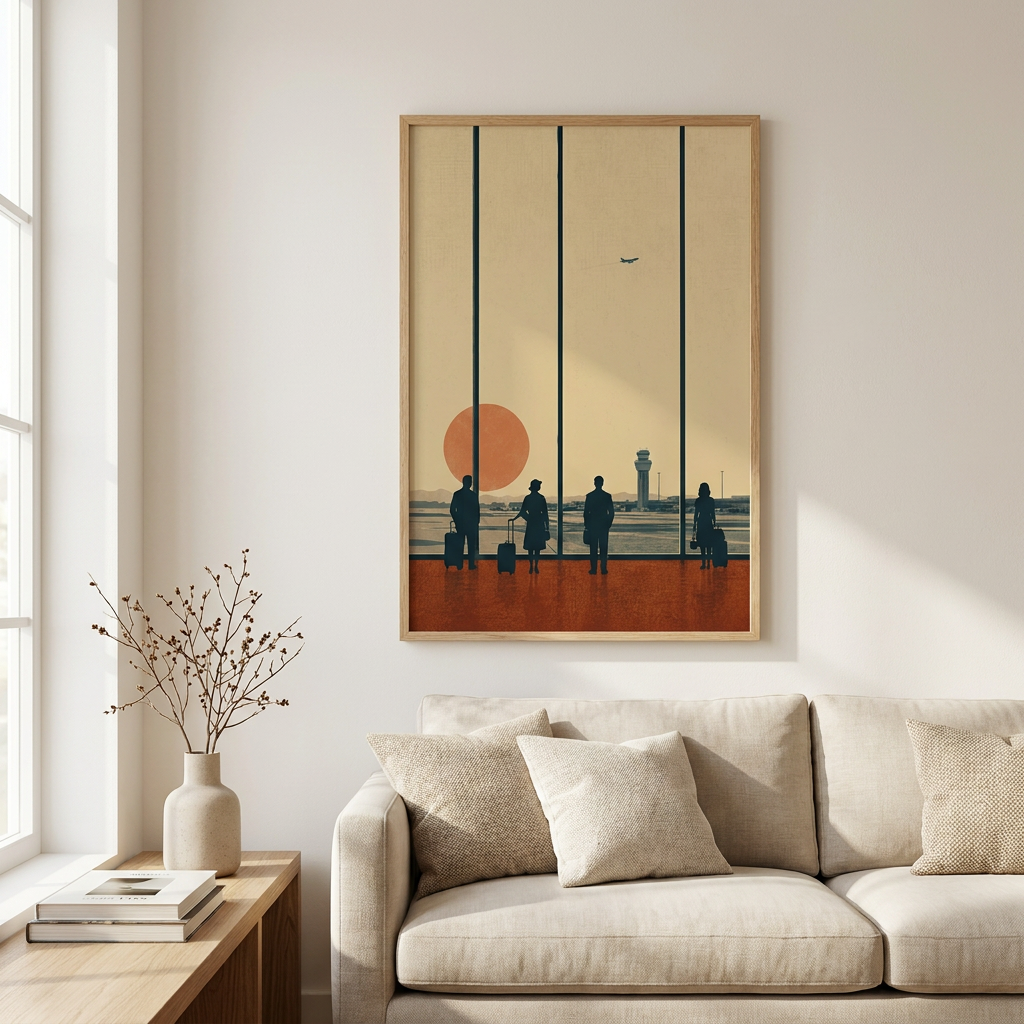 Mid Century Airport Retro Aviation Travellers Poster framed in an interior