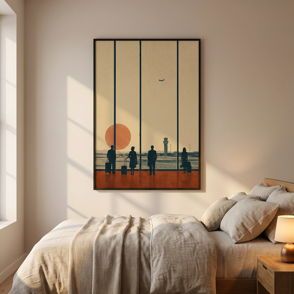 Mid Century Airport Retro Aviation Travellers Poster framed in an interior