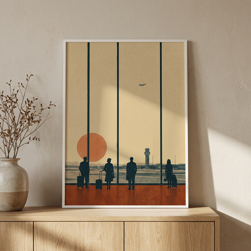 Mid Century Airport Retro Aviation Travellers Poster framed in an interior