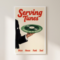 Serving Tunes Retro Music Vinyl Record Poster shown cleanly on a wall
