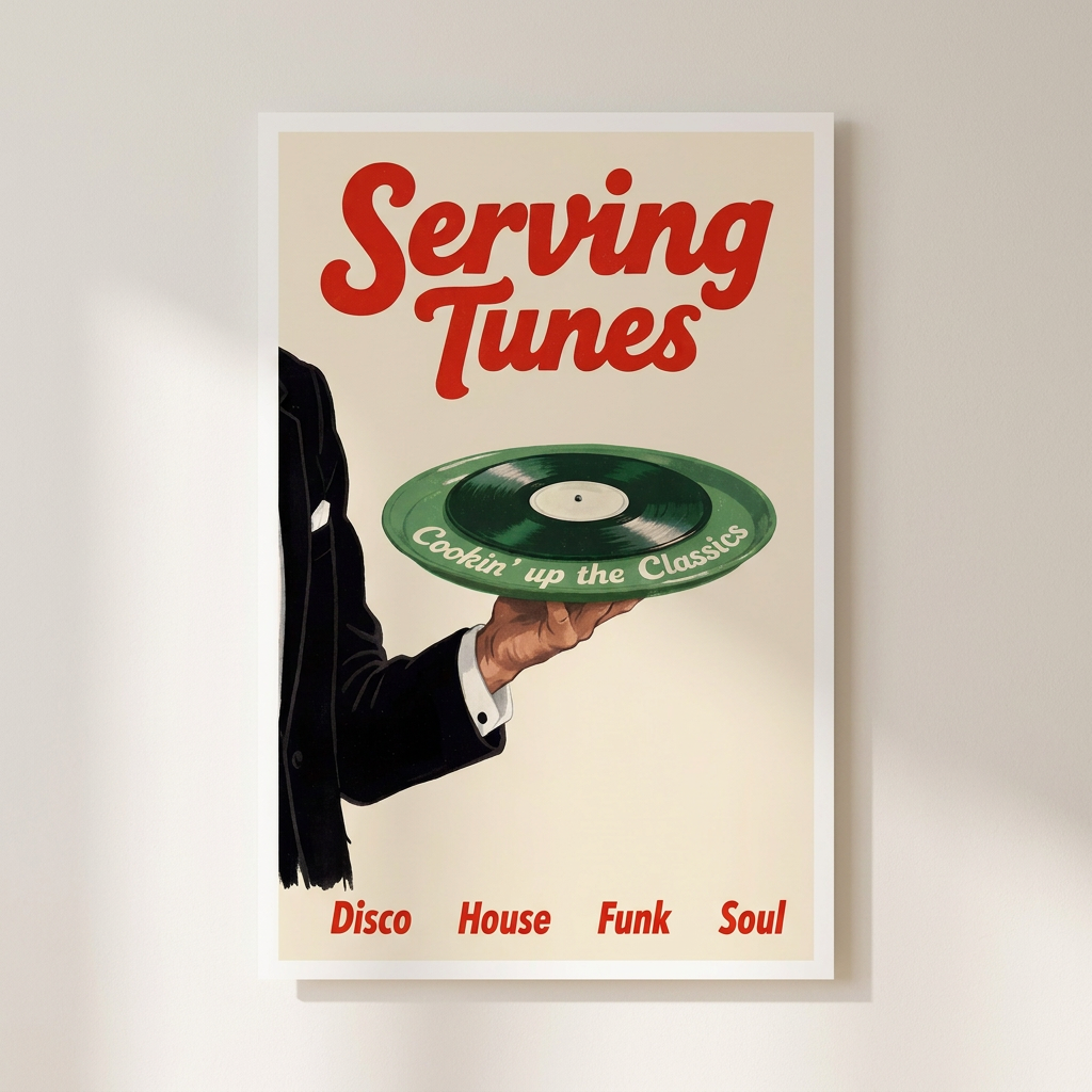 Serving Tunes Retro Music Vinyl Record Poster shown cleanly on a wall