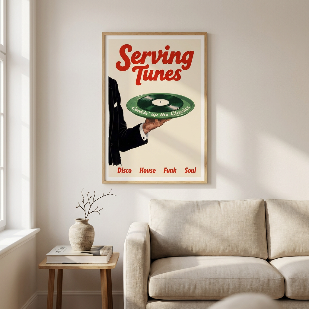 Serving Tunes Retro Music Vinyl Record Poster framed in an interior