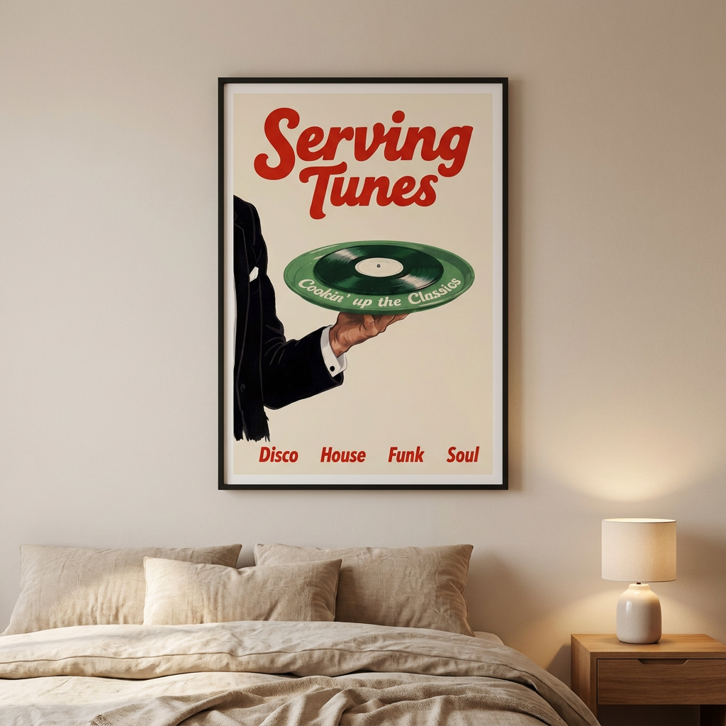 Serving Tunes Retro Music Vinyl Record Poster framed in an interior