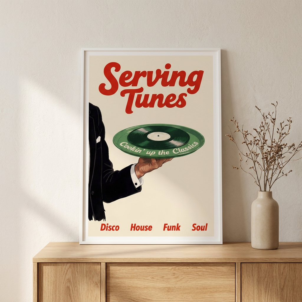 Serving Tunes Retro Music Vinyl Record Poster framed in an interior