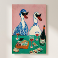 Duck Wine Party Quirky Animal Retro Poster shown cleanly on a wall