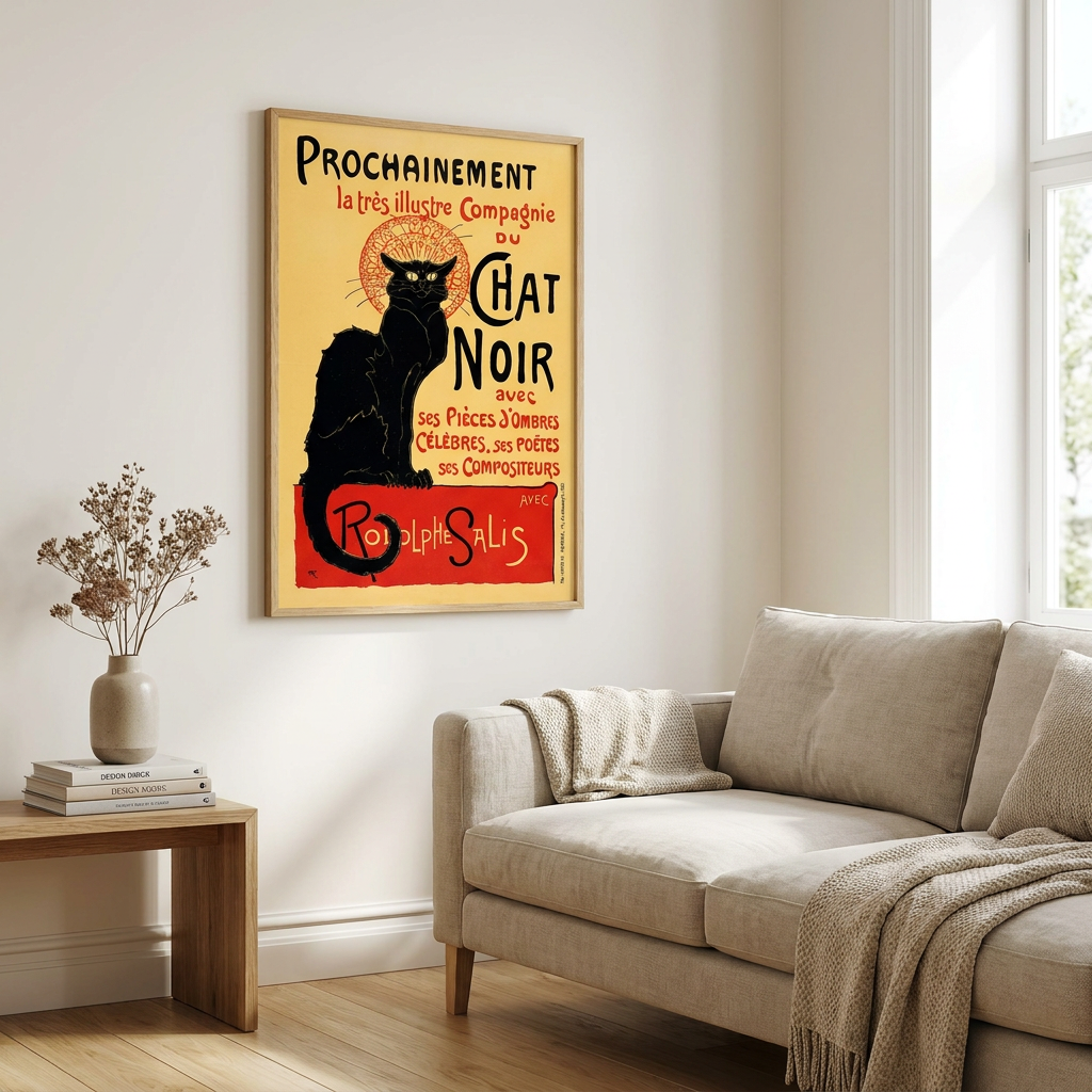 Le Chat Noir Poster framed in an interior