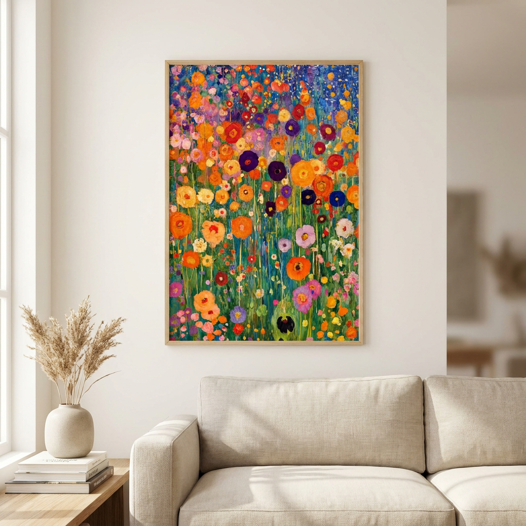 Gustav Klimt Flower Garden Poster framed in an interior