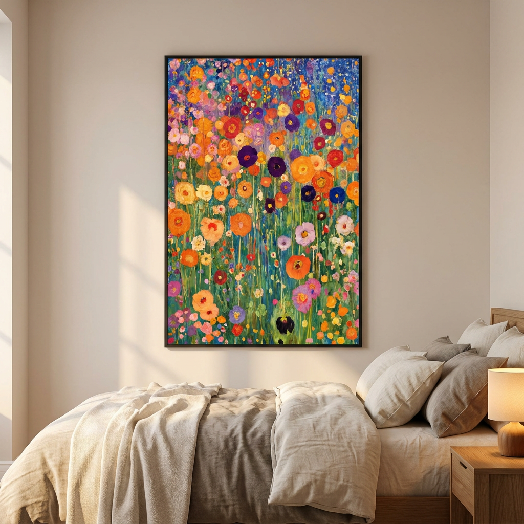 Gustav Klimt Flower Garden Poster framed in an interior